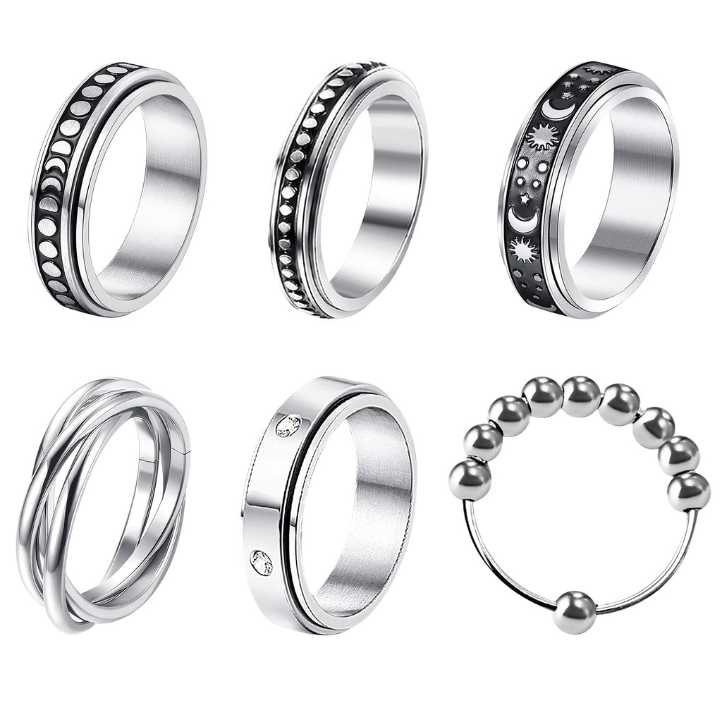 [Anti-Anxiety Fidget Rings] 6pcs Stainless Steel Spinner Fidget Rings | Anti-Anxiety, Design for Casual Attire & Gifting