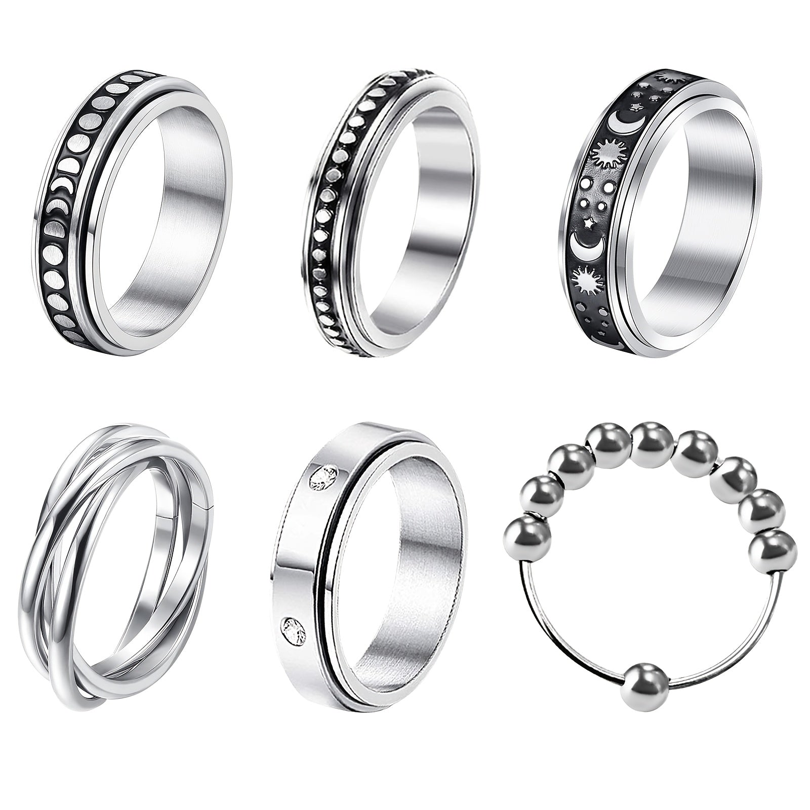 [Anti-Anxiety Fidget Rings] 6pcs Stainless Steel Spinner Fidget Rings | Anti-Anxiety, Design for Casual Attire & Gifting