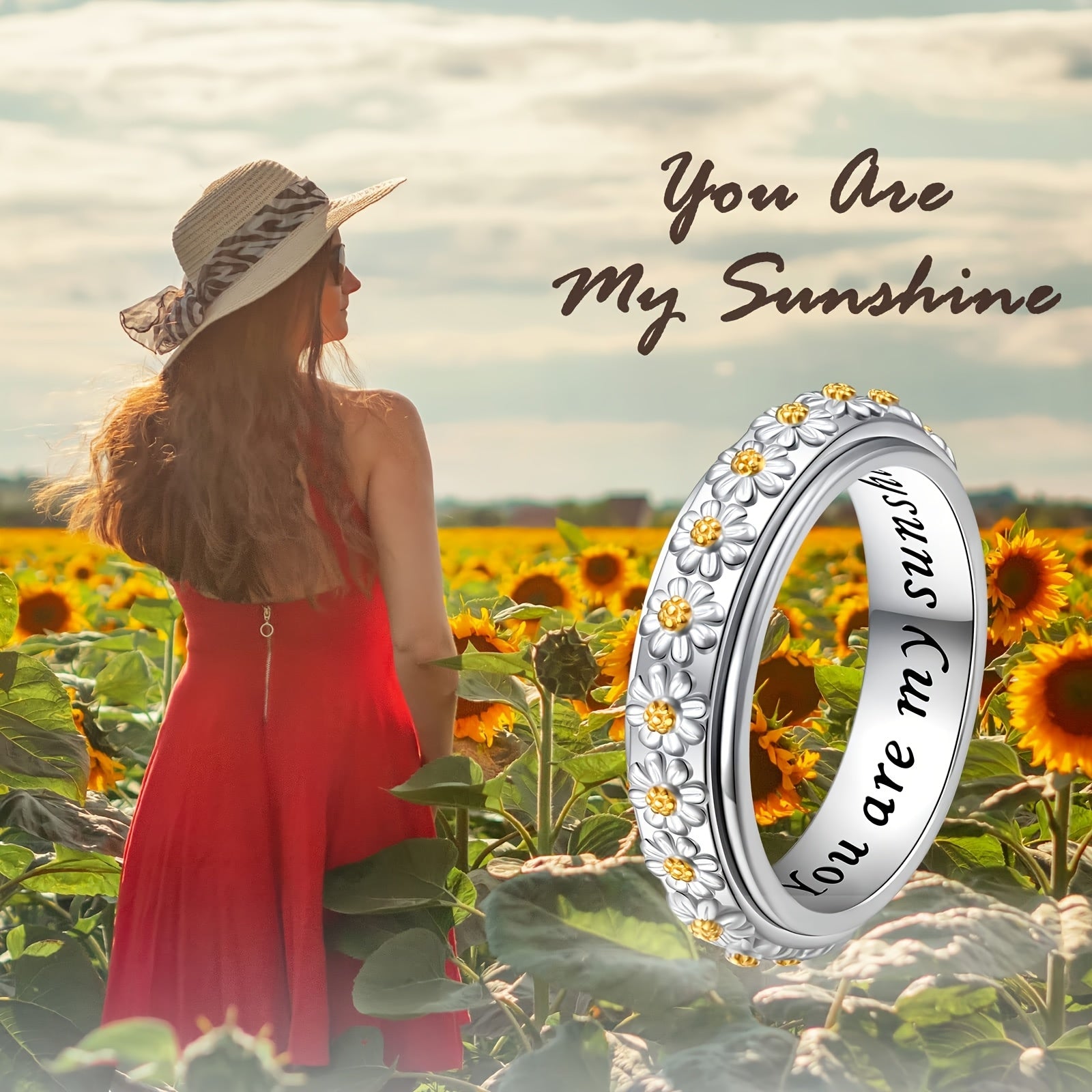 Sterling Silver Daisy Spinner Ring for Anxiety Relief, Stress Relieving Flower Fidget Ring, Elegant Gift for Women - You Are My Sunshine
