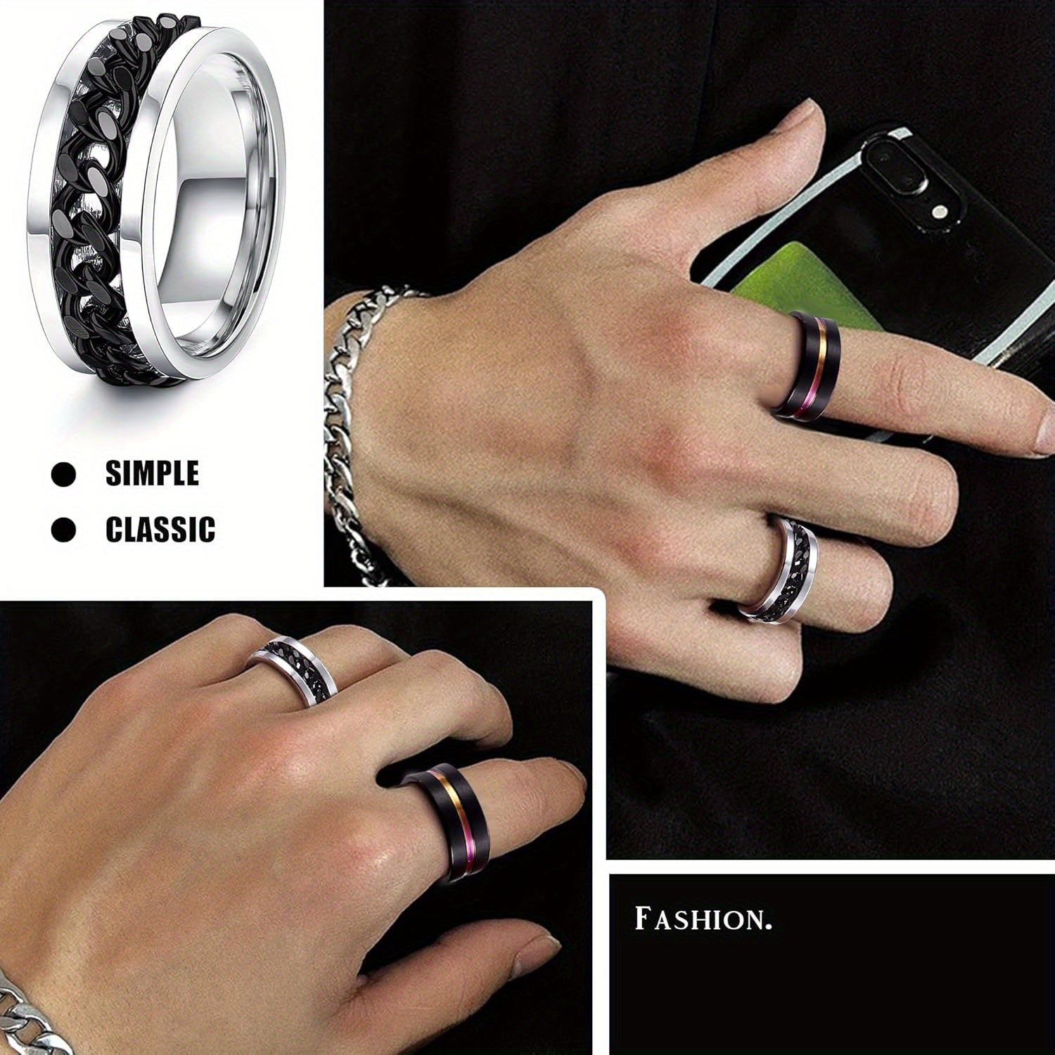 [Stainless Steel Fidget Rings] 16pcs Stainless Steel Fidget Rings | Stress Anxiety Relief Spinner Rings with Black Cool Chain Band Design, Fashion Accessory Set for Wedding Promises, Casual Attire & Gift-Giving