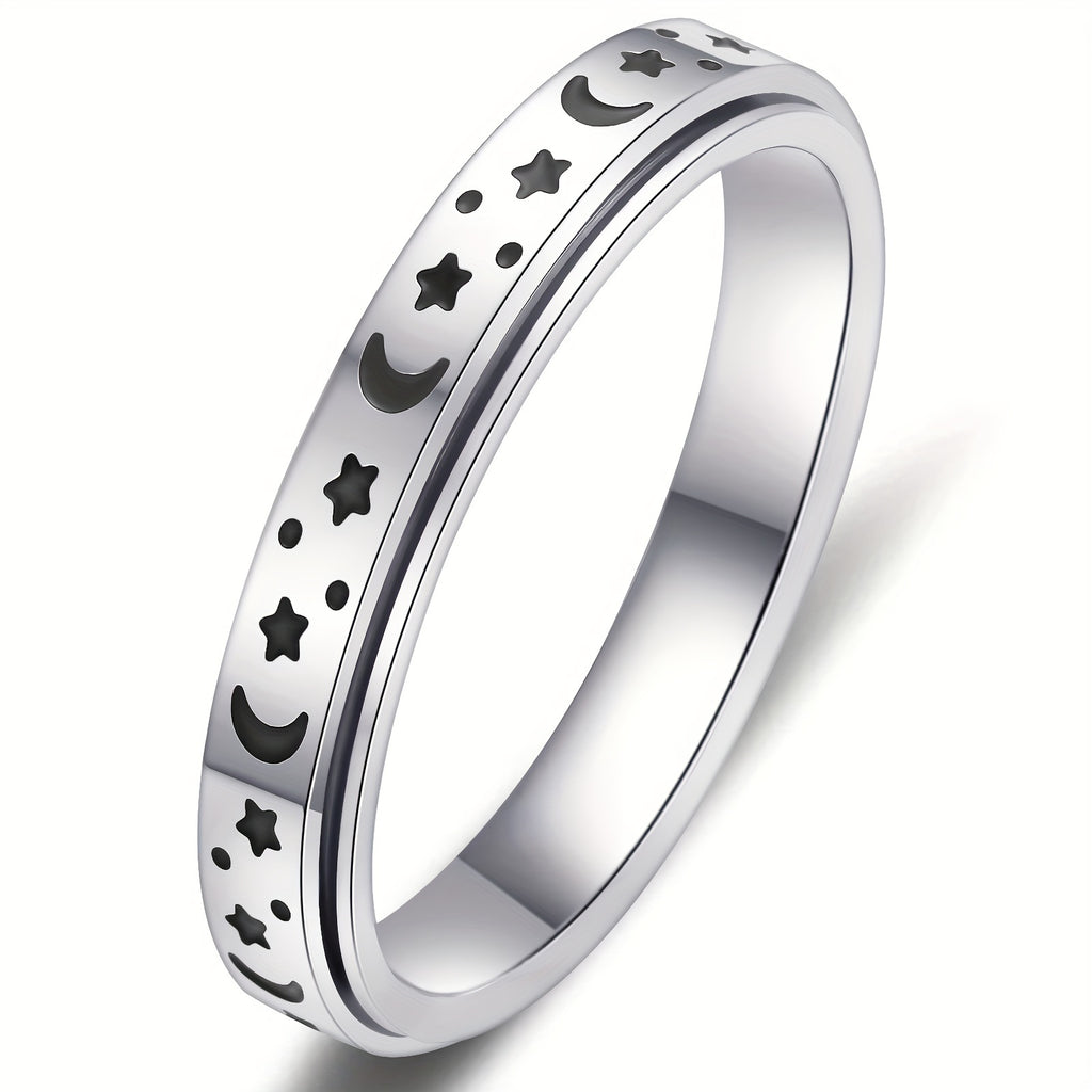 A Trendy 4mm Stainless Steel Rotatable Ring Set - Featuring Moon And Star Design, Available In Various Colors - Perfect For Daily Wear, Ramadan