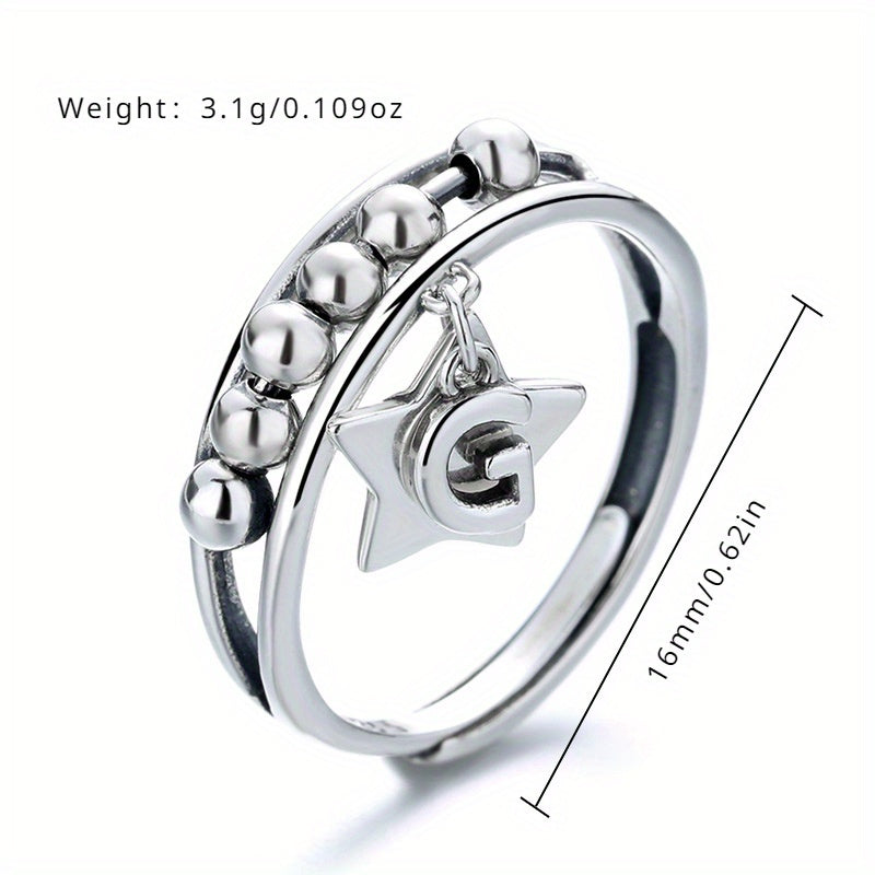 [Trendy 925 Silver Spinner Ring] 925 Sterling Silver Beaded Spinner Ring With Hanging Star Charm | Trendy Hip Hop Style, Sexy Fashion Jewelry, Ideal Gift For Girlfriend, Approx. 0.11oz