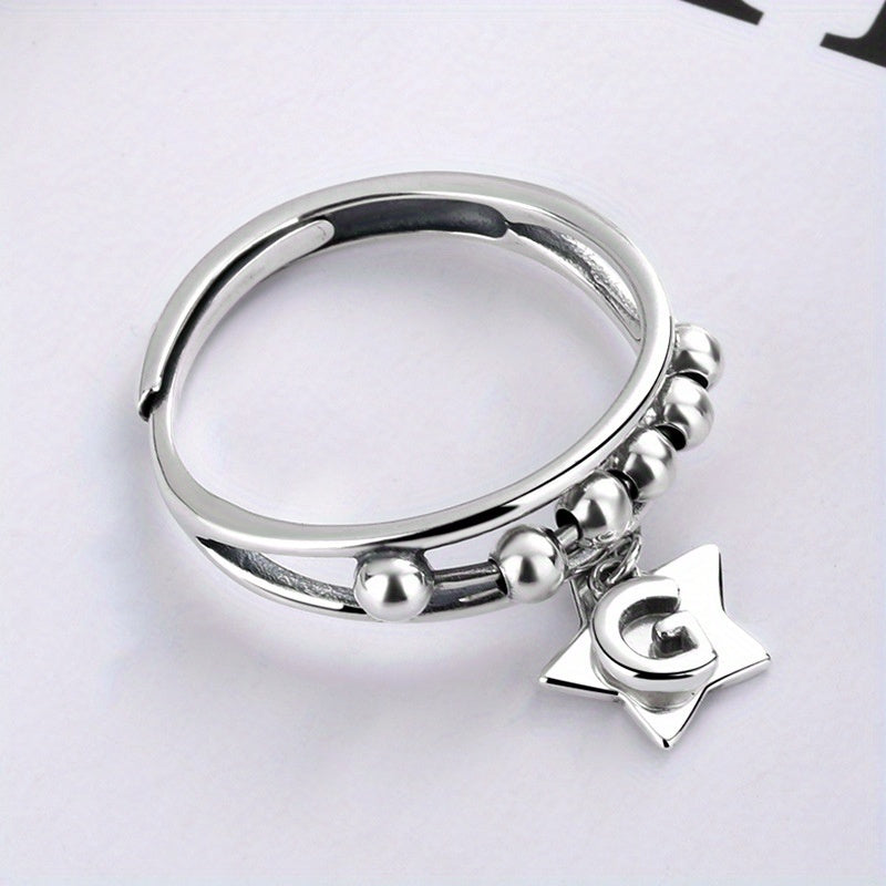 [Trendy 925 Silver Spinner Ring] 925 Sterling Silver Beaded Spinner Ring With Hanging Star Charm | Trendy Hip Hop Style, Sexy Fashion Jewelry, Ideal Gift For Girlfriend, Approx. 0.11oz