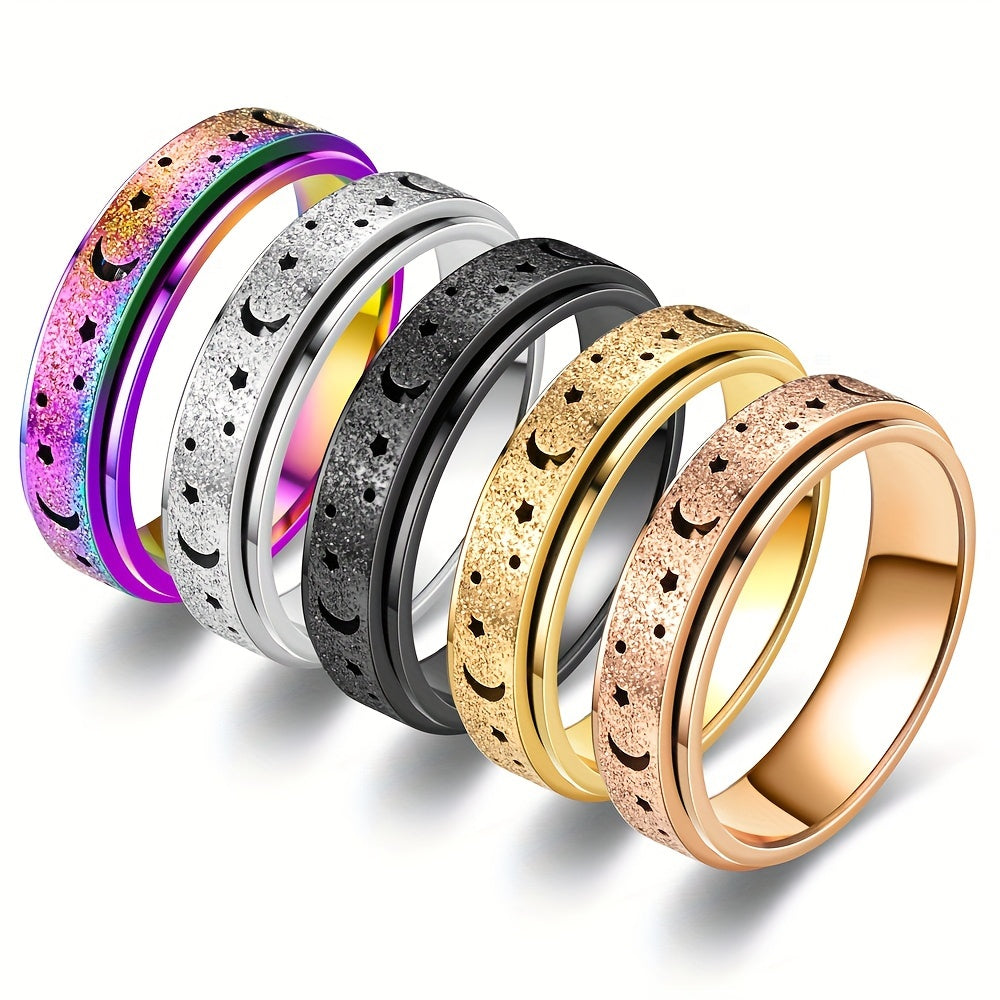 5pcs/ set of new creative Stainless Steel rotatable rings, fashionable moon and star design rings, multiple colors to choose from, paired with daily clothing