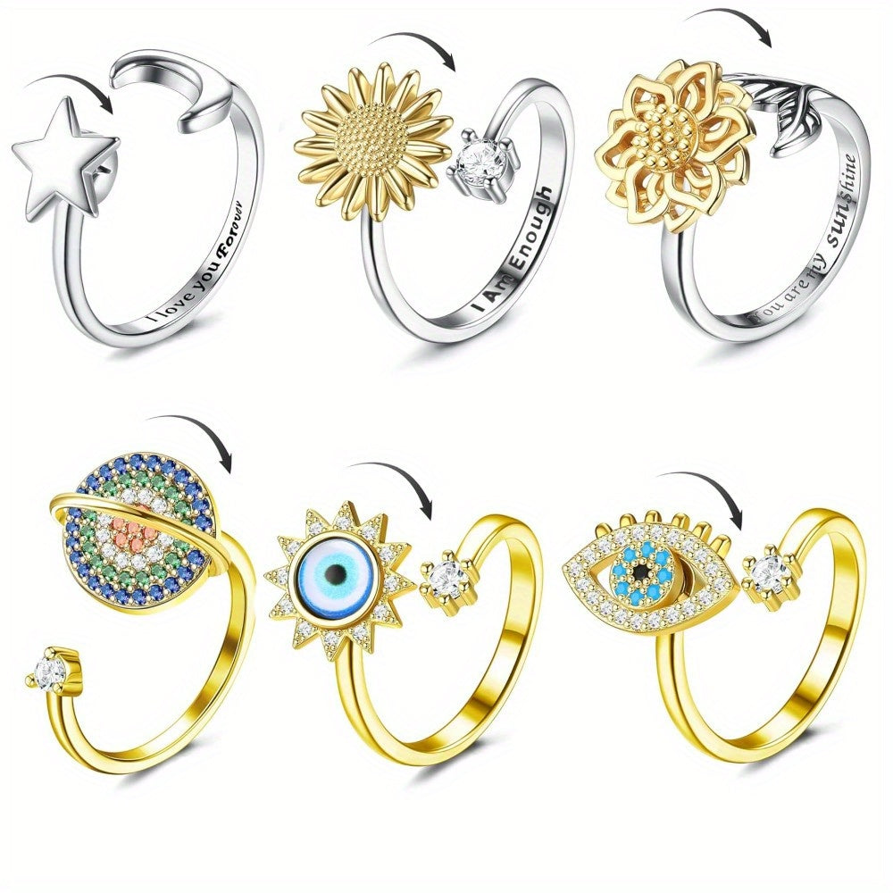 [Evil Eye Anxiety Rings] 3pcs Adjustable Evil Eye Anxiety Rings - Dainty Blue Fidget Spinner Stackable Ring for Teenager
