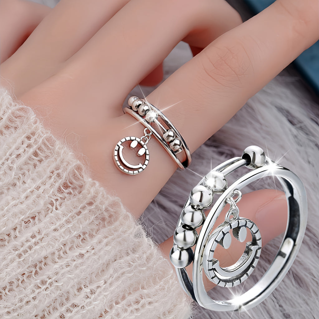 [Trendy 925 Silver Spinner Ring] 925 Sterling Silver Beaded Spinner Ring With Hanging Star Charm | Trendy Hip Hop Style, Sexy Fashion Jewelry, Ideal Gift For Girlfriend, Approx. 0.11oz