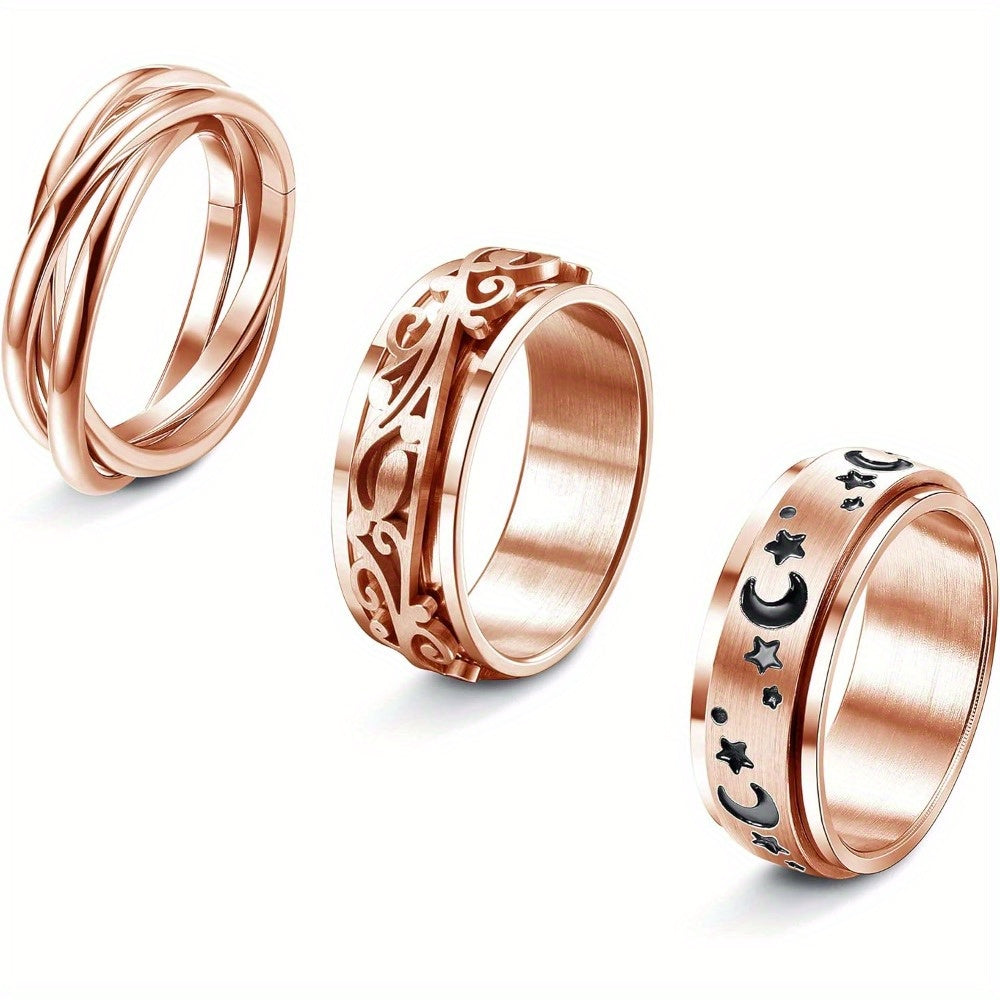 3pcs Rose Golden Spinner Rings for Teenager 316L Stainless Steel Band Rings Set Triple Interlocked Rolling Moon Star Womens Ring for Stress Relieving Wedding Promise, For Teenager