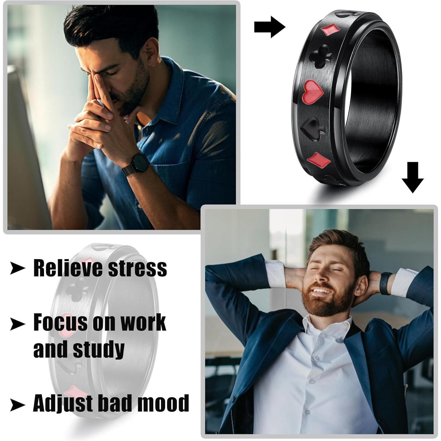 [Stainless Steel Fidget Rings] 16pcs Stainless Steel Fidget Rings | Stress Anxiety Relief Spinner Rings with Black Cool Chain Band Design, Fashion Accessory Set for Wedding Promises, Casual Attire & Gift-Giving