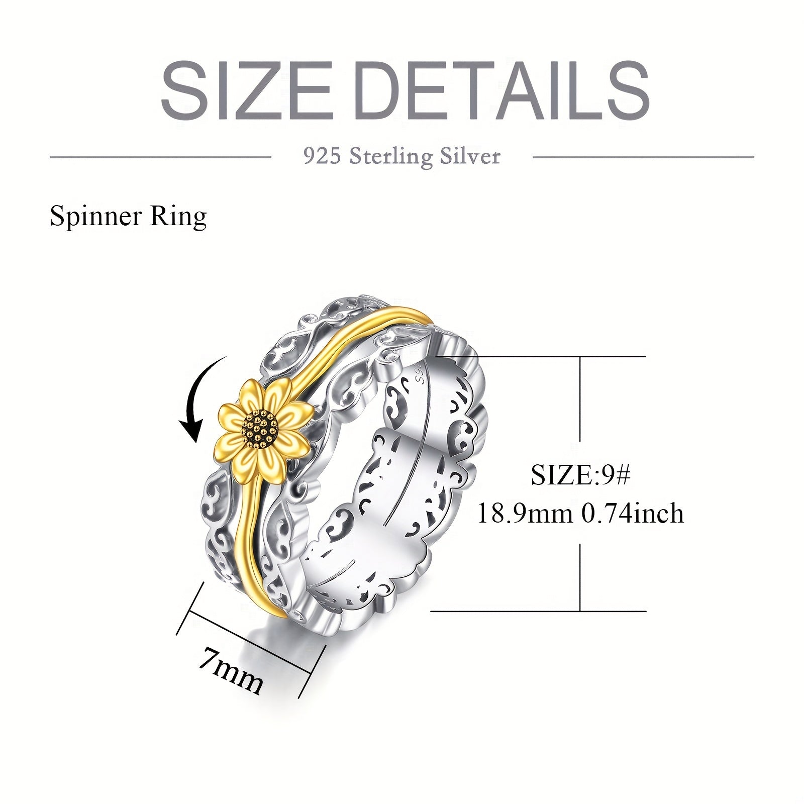 [Silver Sunflower Ring] 925 Sterling Silver Sunflower Fidget Rings | 5/6/7/8/9/10/11/12# Spinner Rings For Anxiety Anti Stress Mood Rings Gifts Band Wide For Women