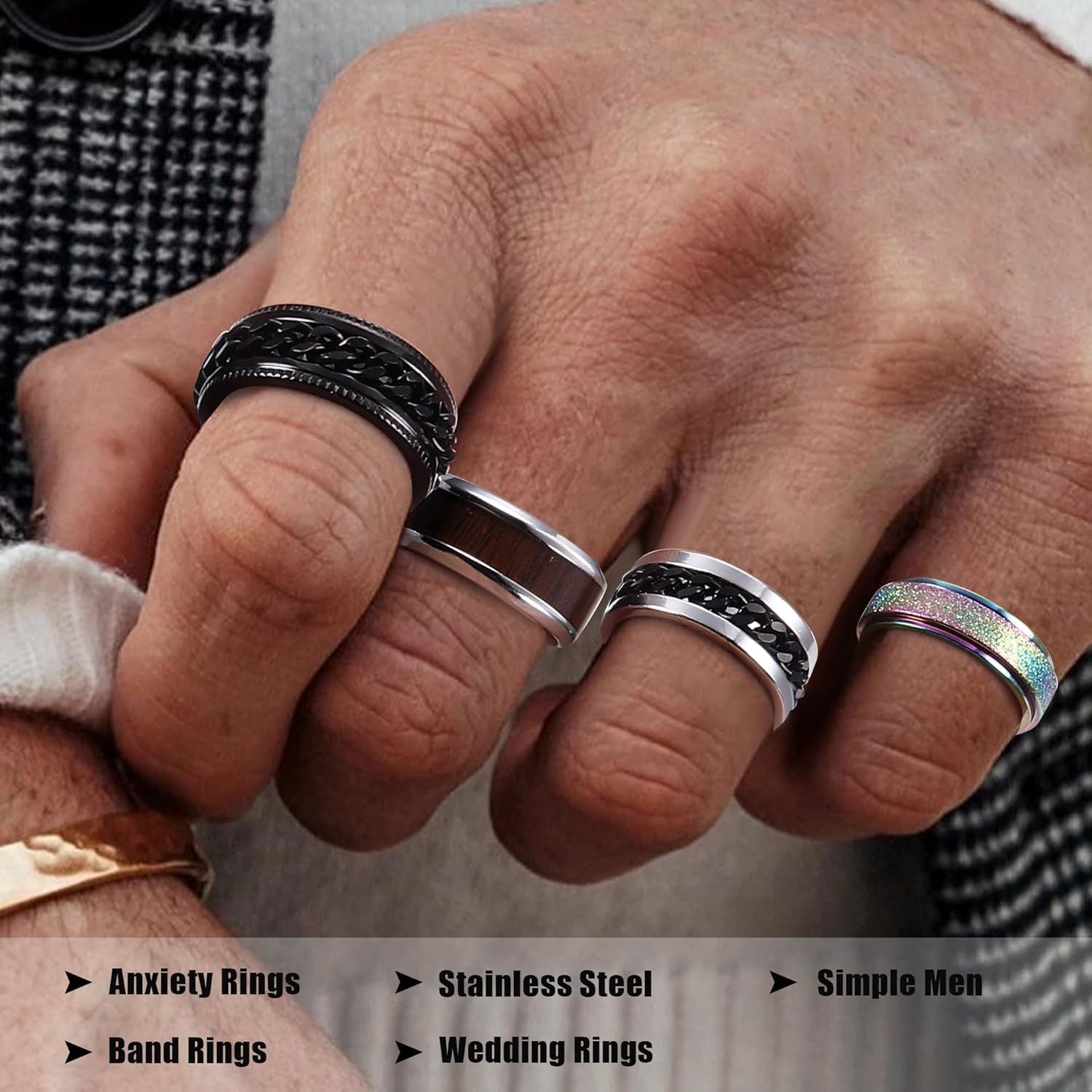 [Stainless Steel Fidget Rings] 16pcs Stainless Steel Fidget Rings | Stress Anxiety Relief Spinner Rings with Black Cool Chain Band Design, Fashion Accessory Set for Wedding Promises, Casual Attire & Gift-Giving