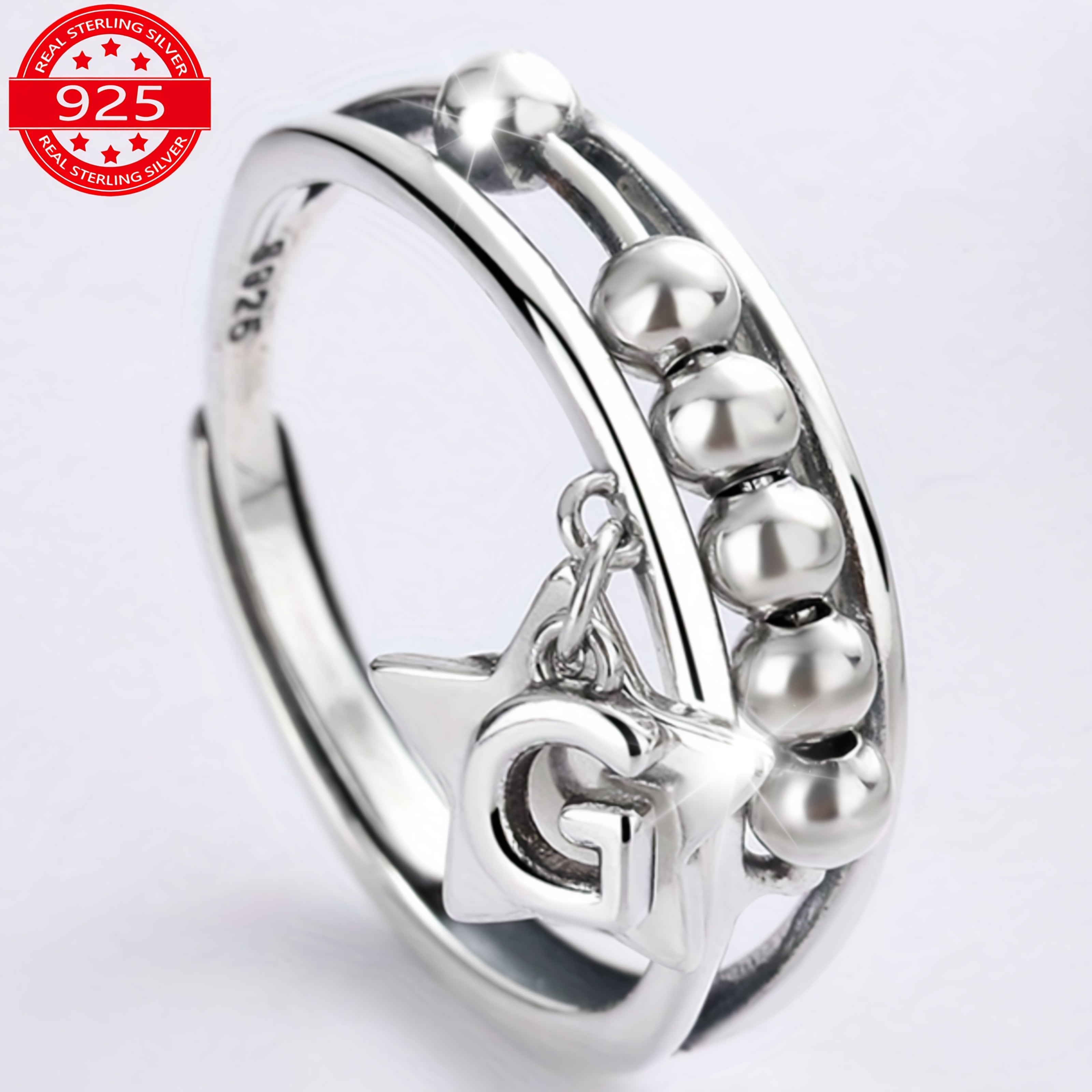 [Trendy 925 Silver Spinner Ring] 925 Sterling Silver Beaded Spinner Ring With Hanging Star Charm | Trendy Hip Hop Style, Sexy Fashion Jewelry, Ideal Gift For Girlfriend, Approx. 0.11oz