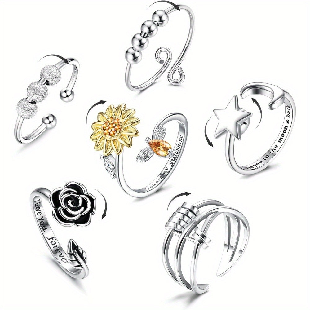 6pcs Anxiety Ring for Teenager Spinner Fidget Ring Sunflower Ring Fidget Rings for Anxiety Adjustable Spinning Beads Flower Ring Teenager Anti Anxiety Relief Stress Figit Stackable Ring Fidget Jewelry, For Teenager
