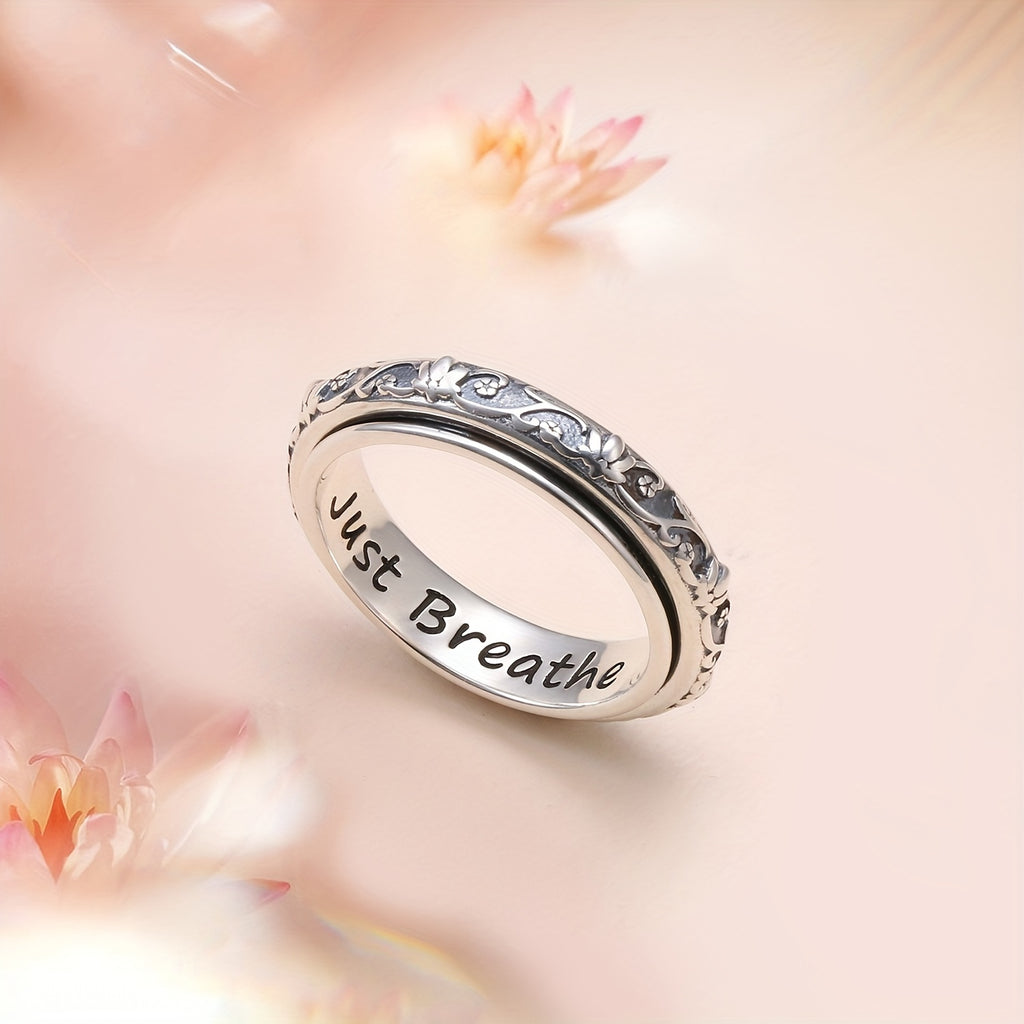 [Sterling Silver Fidget Ring] S925 Sterling Silver Lotus Flower Yoga Ring - Spinner Fidget Ring for Anxiety and ADHD - Oxidized Band for Women