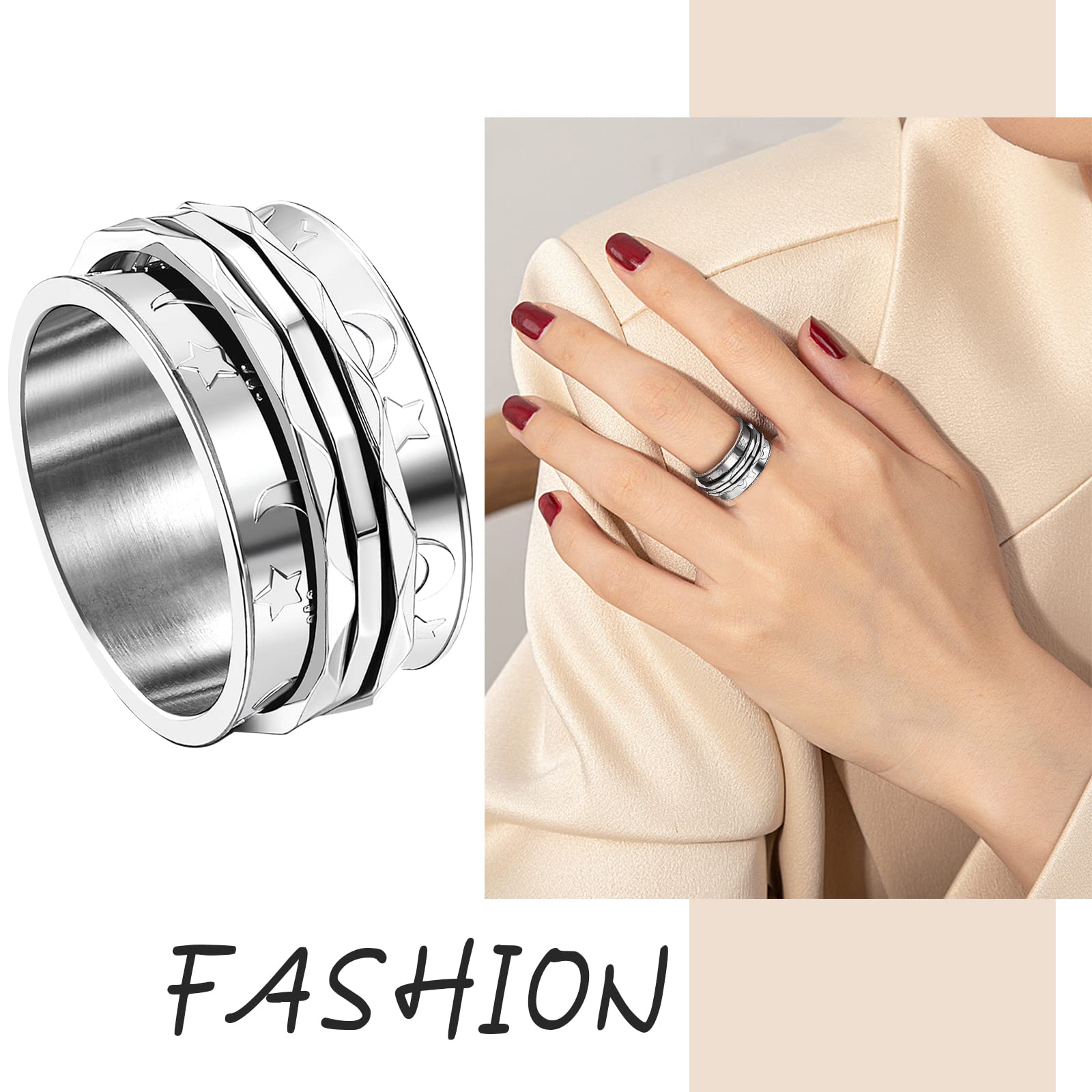JewelryWe Retro Fidget Spinner Ring Womens Moon and Star Pattern Rotatable Stainless Steel Ring Bands