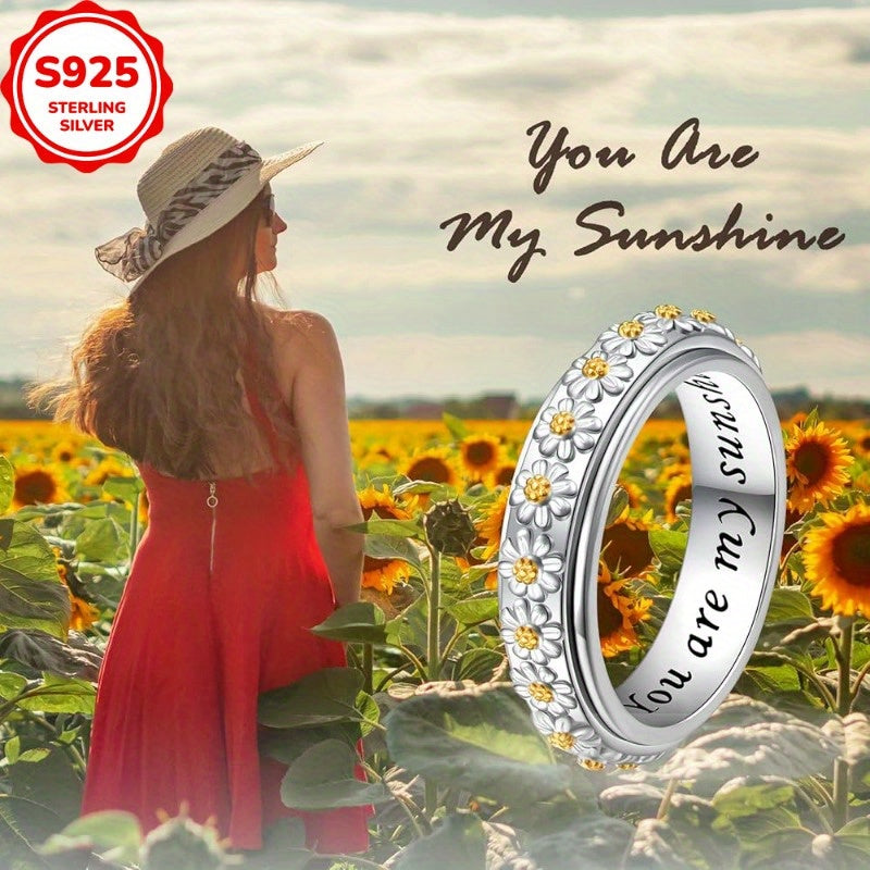 Trendy Rotatable Anxiety Rings Two Tone 925 Sterling Silver Rings for Women Casual Holiday Daisy Flower Rings Jewelry