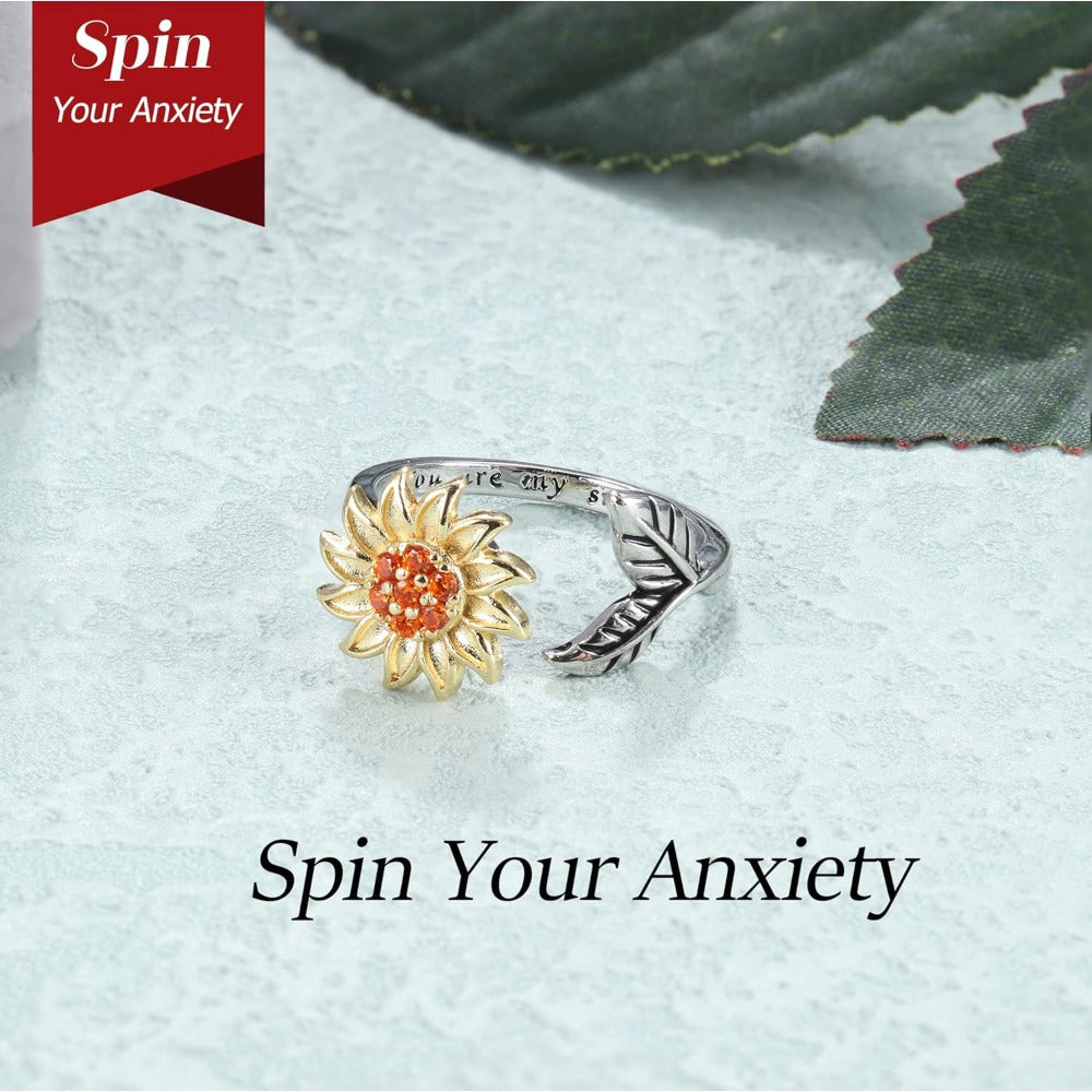 2pcs Fidget Anxiety Ring for Teenager Spinner Sunflower Ring Open Adjustable Fidget Rings for Anxiety Relief Stress Flower Moon Star Stackable Rings Fidget Jewelry Teenager Flower, For Teenager