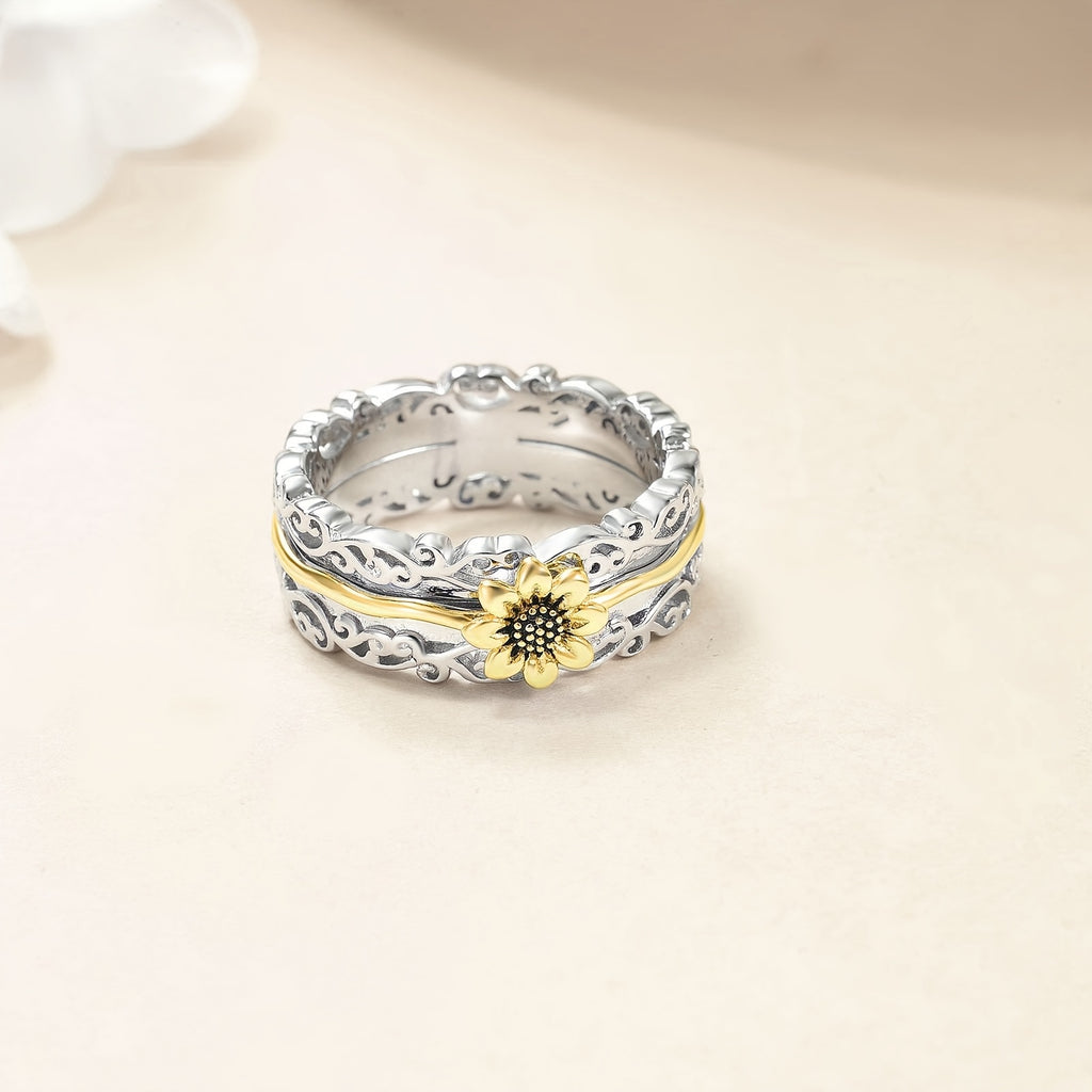 [Silver Sunflower Ring] 925 Sterling Silver Sunflower Fidget Rings | 5/6/7/8/9/10/11/12# Spinner Rings For Anxiety Anti Stress Mood Rings Gifts Band Wide For Women