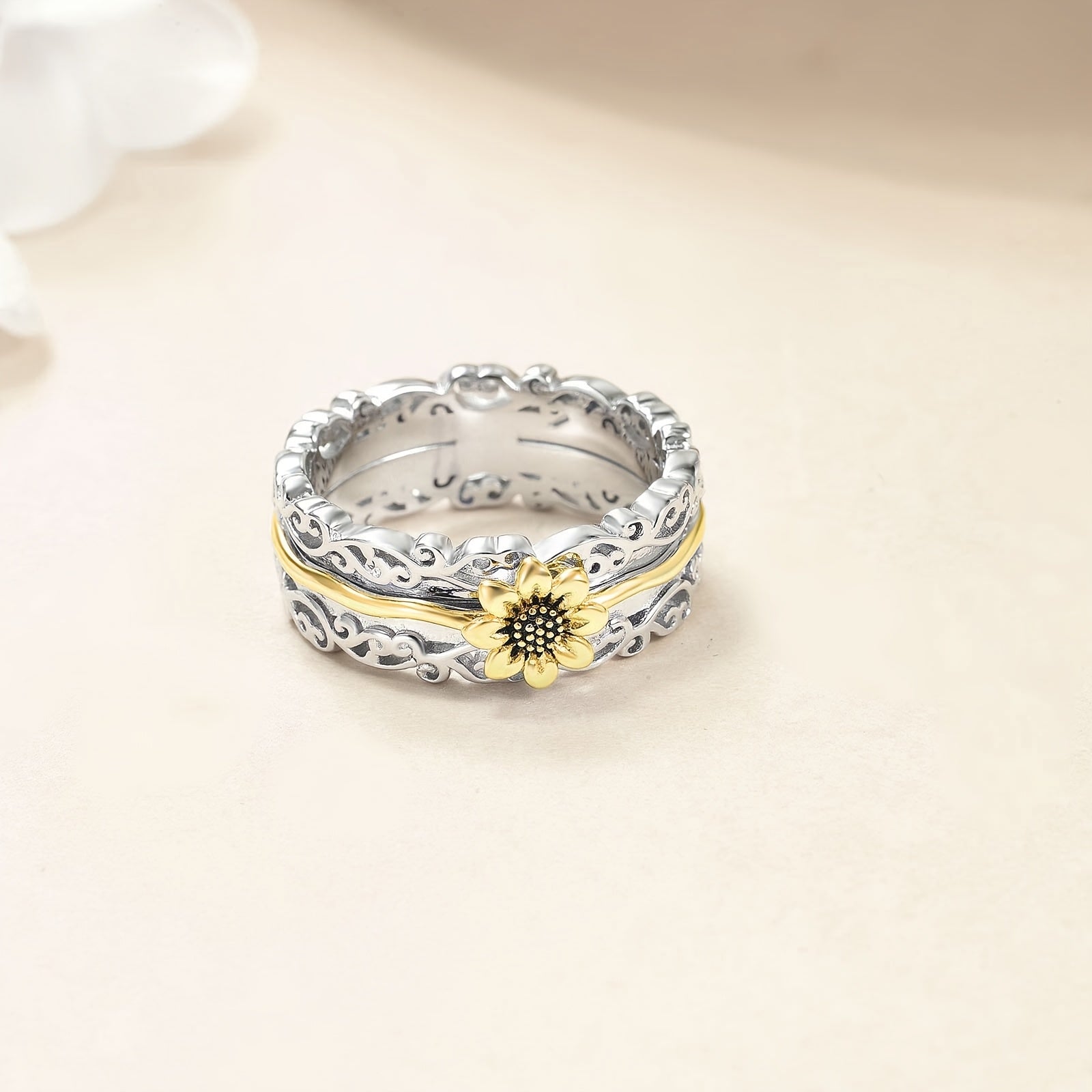 [Silver Sunflower Ring] 925 Sterling Silver Sunflower Fidget Rings | 5/6/7/8/9/10/11/12# Spinner Rings For Anxiety Anti Stress Mood Rings Gifts Band Wide For Women
