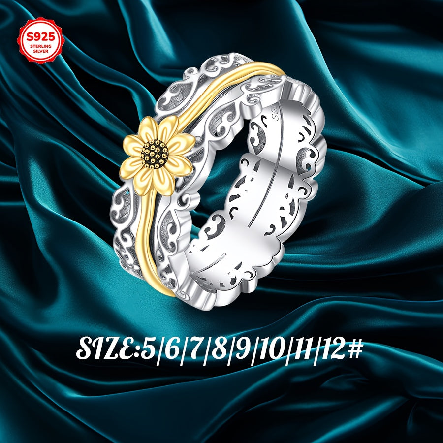 [Silver Sunflower Ring] 925 Sterling Silver Sunflower Fidget Rings | 5/6/7/8/9/10/11/12# Spinner Rings For Anxiety Anti Stress Mood Rings Gifts Band Wide For Women