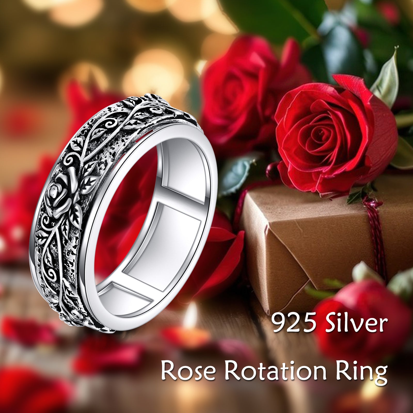 Fashion Rose Spinner Ring 925 Sterling Silvery Vintage Rose Ring Anxiety Jewelry Gift for Women Men