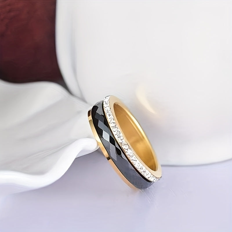 1pc Elegant Black Ceramic 304L Stainless Steel Rotatable Ring with Sparkling Rhinestones - Perfect for Weddings, Anniversaries & Everyday Fashion, Index Finger Jewelry|Twist Ring Design|Polished Finis