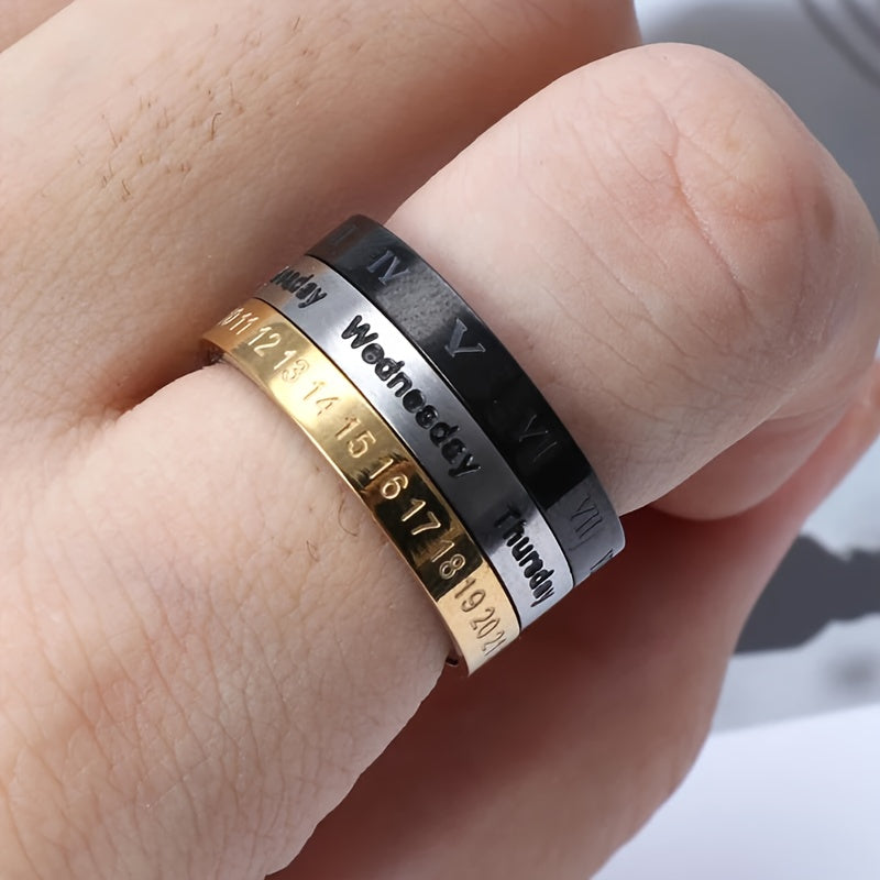 3pcs Punk Spinner Male Date Time Calendar Creative Rotatable Ring with Roman Numerals Men'S Anxiety Fidget Rings, Jewelry Suitable for All Seasons, Daily Unique Gifts, Birthday Anniversaries, Halloween Gifts, Christmas Gifts, Niche and Unique Charm