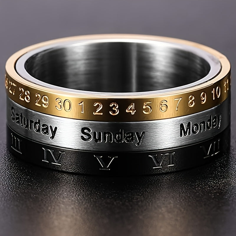 3pcs Punk Spinner Male Date Time Calendar Creative Rotatable Ring with Roman Numerals Men'S Anxiety Fidget Rings, Jewelry Suitable for All Seasons, Daily Unique Gifts, Birthday Anniversaries, Halloween Gifts, Christmas Gifts, Niche and Unique Charm