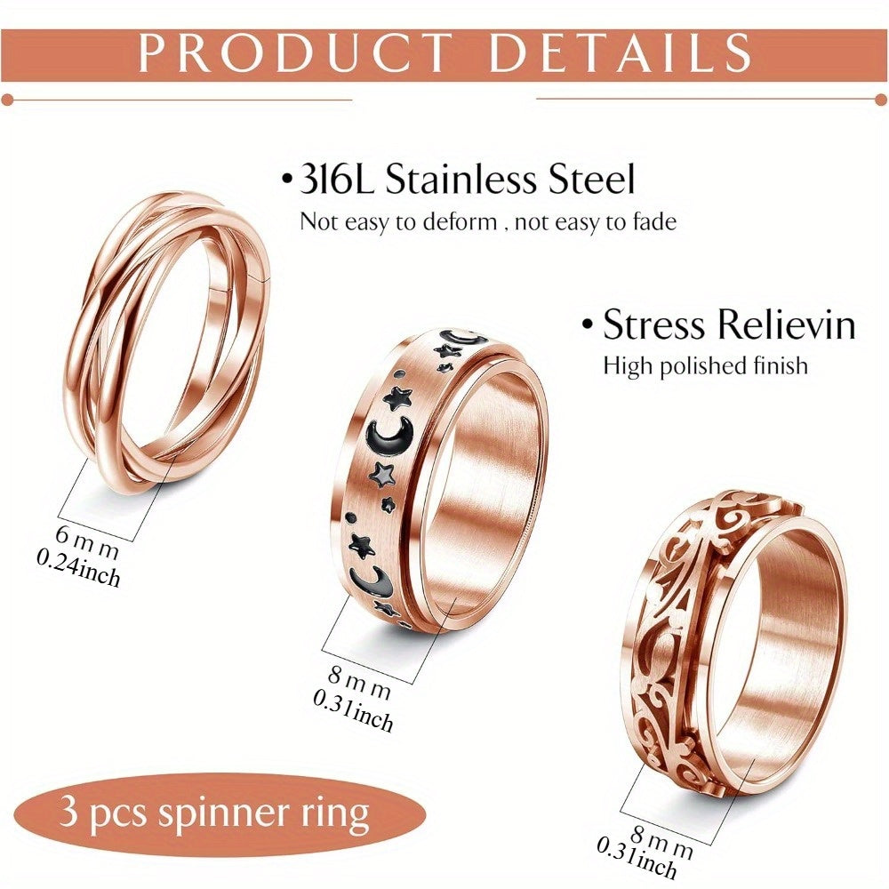 3pcs Rose Golden Spinner Rings for Teenager 316L Stainless Steel Band Rings Set Triple Interlocked Rolling Moon Star Womens Ring for Stress Relieving Wedding Promise, For Teenager