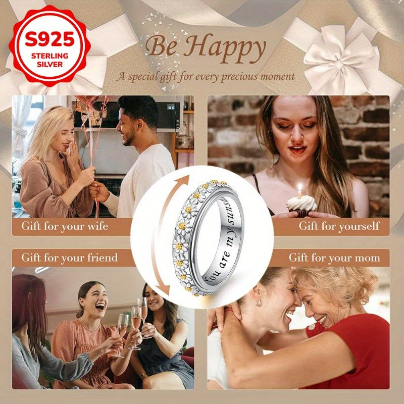 Trendy Rotatable Anxiety Rings Two Tone 925 Sterling Silver Rings for Women Casual Holiday Daisy Flower Rings Jewelry