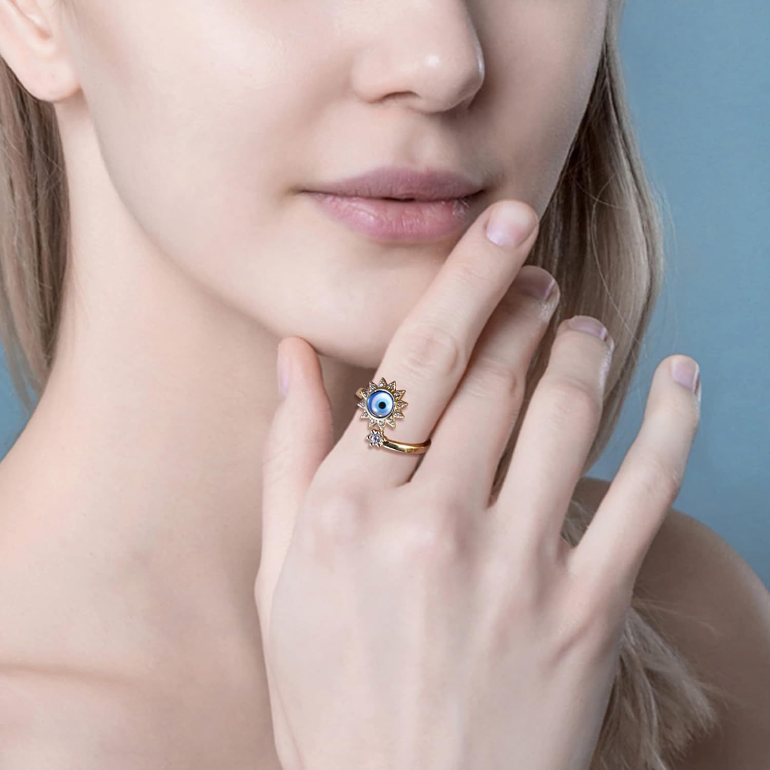 [Evil Eye Anxiety Rings] 3pcs Adjustable Evil Eye Anxiety Rings - Dainty Blue Fidget Spinner Stackable Ring for Teenager
