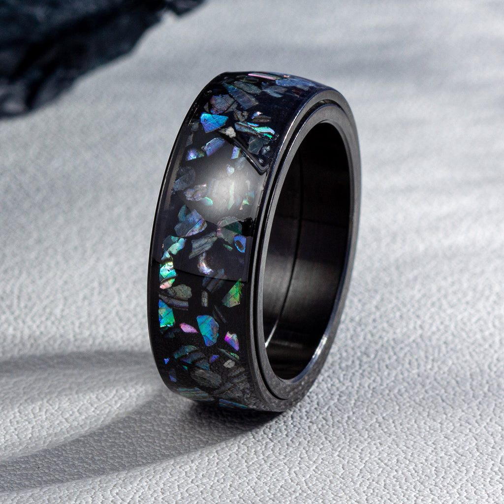 Stylish Men's Stainless Steel Ring with Rotatable Abalone Shell Inlay - Black