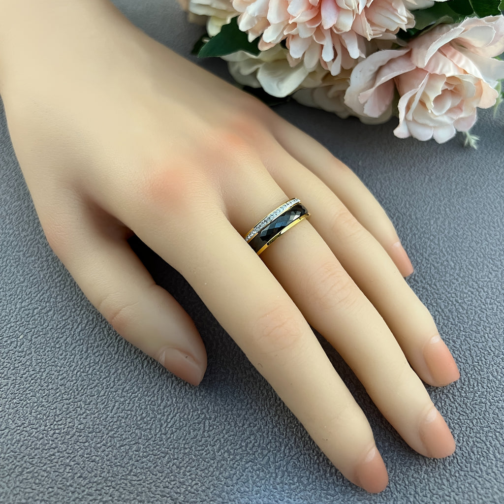 1pc Elegant Black Ceramic 304L Stainless Steel Rotatable Ring with Sparkling Rhinestones - Perfect for Weddings, Anniversaries & Everyday Fashion, Index Finger Jewelry|Twist Ring Design|Polished Finis