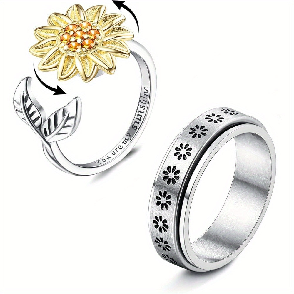2pcs Fidget Anxiety Ring for Teenager Spinner Sunflower Ring Open Adjustable Fidget Rings for Anxiety Relief Stress Flower Moon Star Stackable Rings Fidget Jewelry Teenager Flower, For Teenager