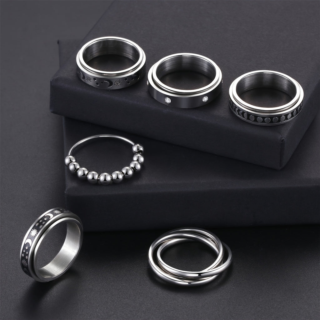 [Anti-Anxiety Fidget Rings] 6pcs Stainless Steel Spinner Fidget Rings | Anti-Anxiety, Design for Casual Attire & Gifting