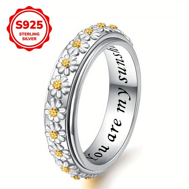 Trendy Rotatable Anxiety Rings Two Tone 925 Sterling Silver Rings for Women Casual Holiday Daisy Flower Rings Jewelry
