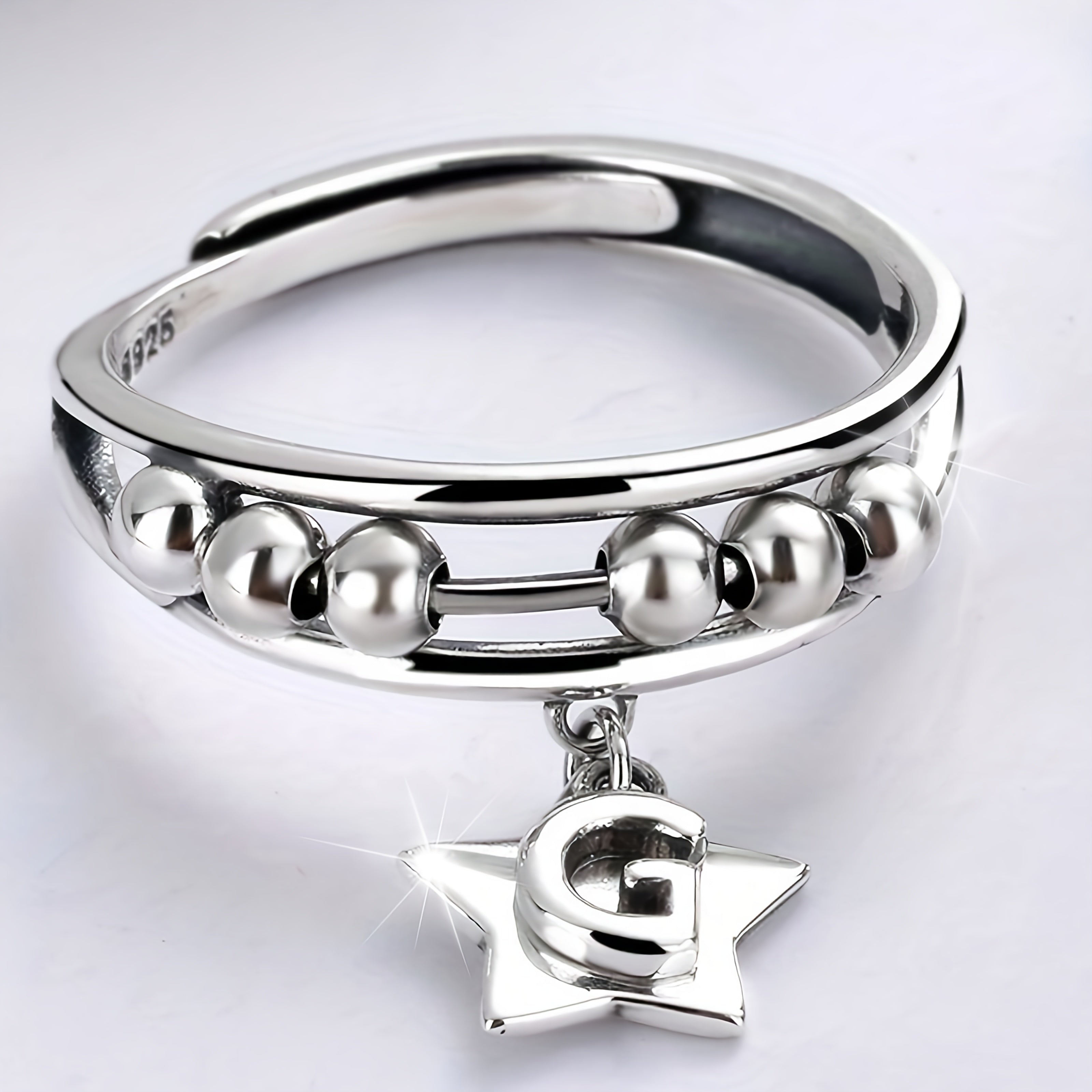 [Trendy 925 Silver Spinner Ring] 925 Sterling Silver Beaded Spinner Ring With Hanging Star Charm | Trendy Hip Hop Style, Sexy Fashion Jewelry, Ideal Gift For Girlfriend, Approx. 0.11oz