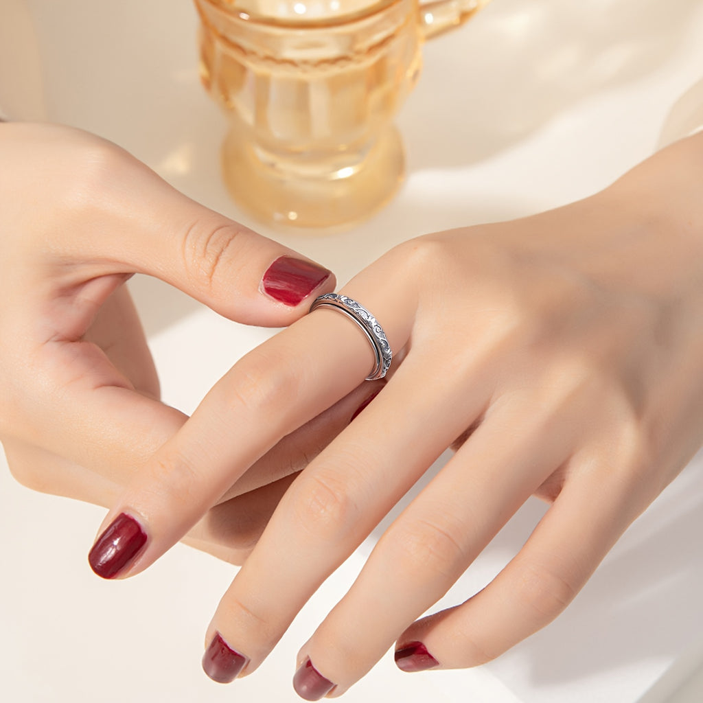 [Sterling Silver Fidget Ring] S925 Sterling Silver Lotus Flower Yoga Ring - Spinner Fidget Ring for Anxiety and ADHD - Oxidized Band for Women
