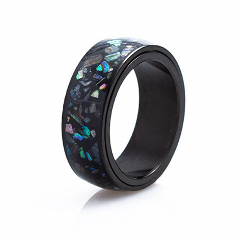 Stylish Men's Stainless Steel Ring with Rotatable Abalone Shell Inlay - Black