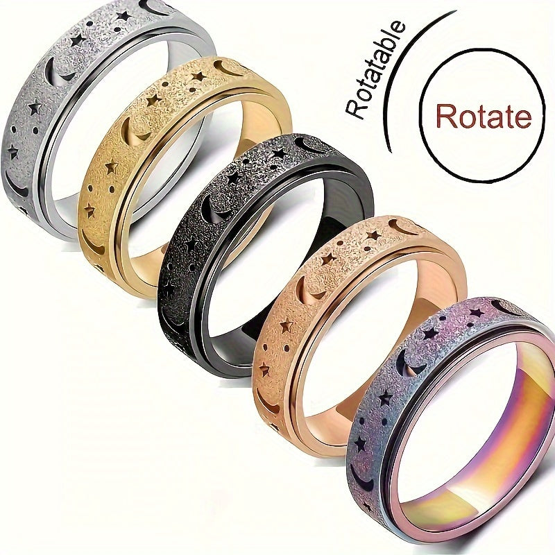 5pcs/ set of new creative Stainless Steel rotatable rings, fashionable moon and star design rings, multiple colors to choose from, paired with daily clothing