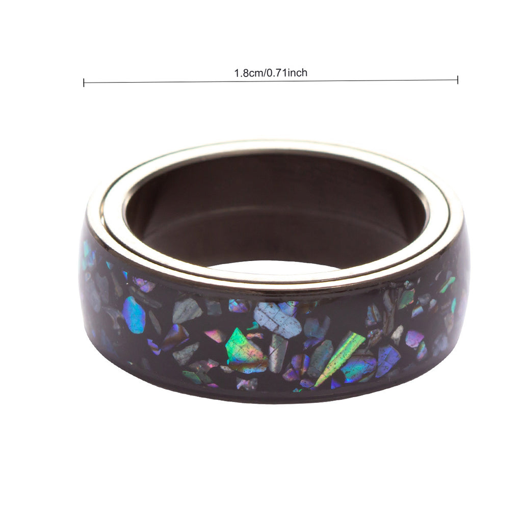 Stylish Men's Stainless Steel Ring with Rotatable Abalone Shell Inlay - Black