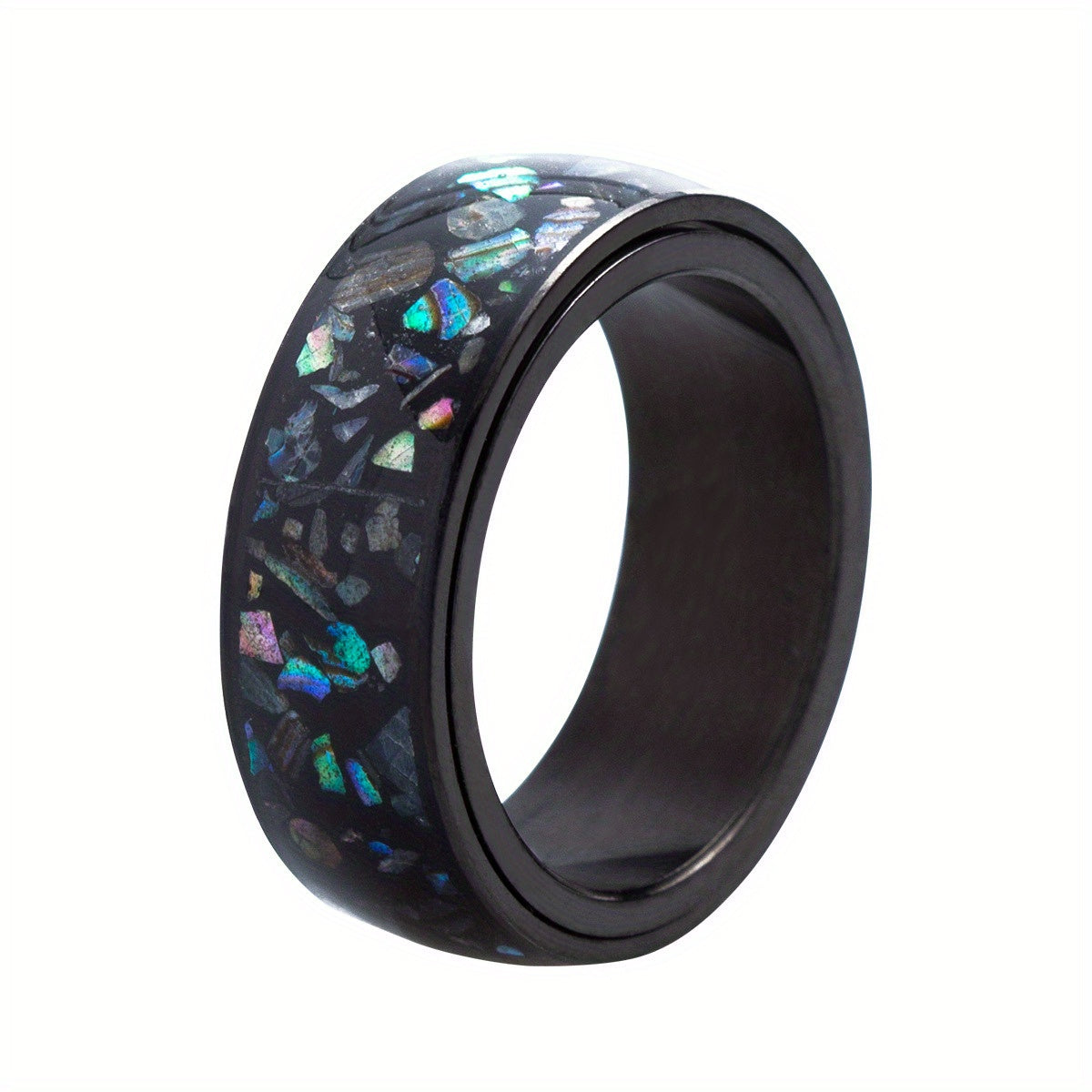 Stylish Men's Stainless Steel Ring with Rotatable Abalone Shell Inlay - Black