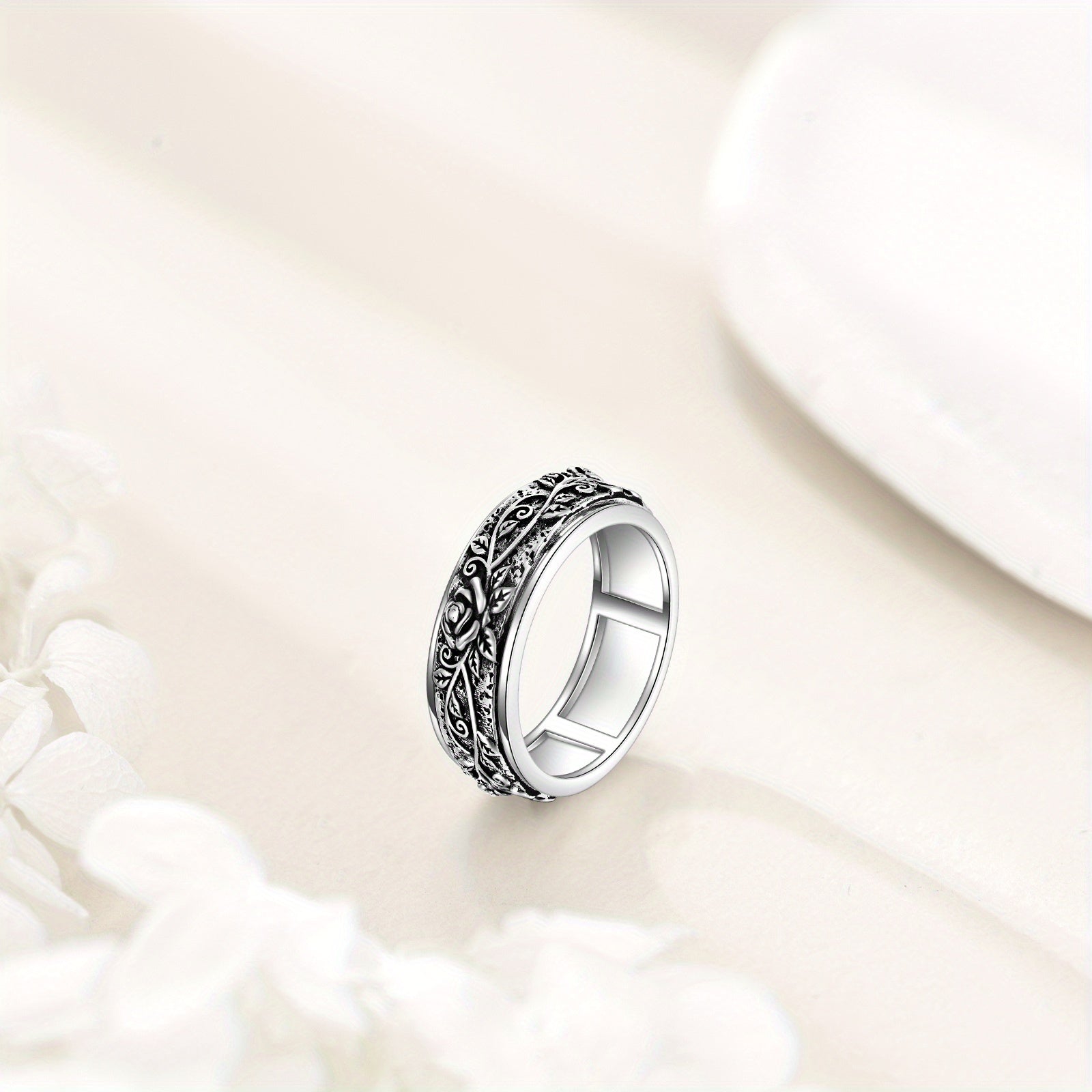 Fashion Rose Spinner Ring 925 Sterling Silvery Vintage Rose Ring Anxiety Jewelry Gift for Women Men