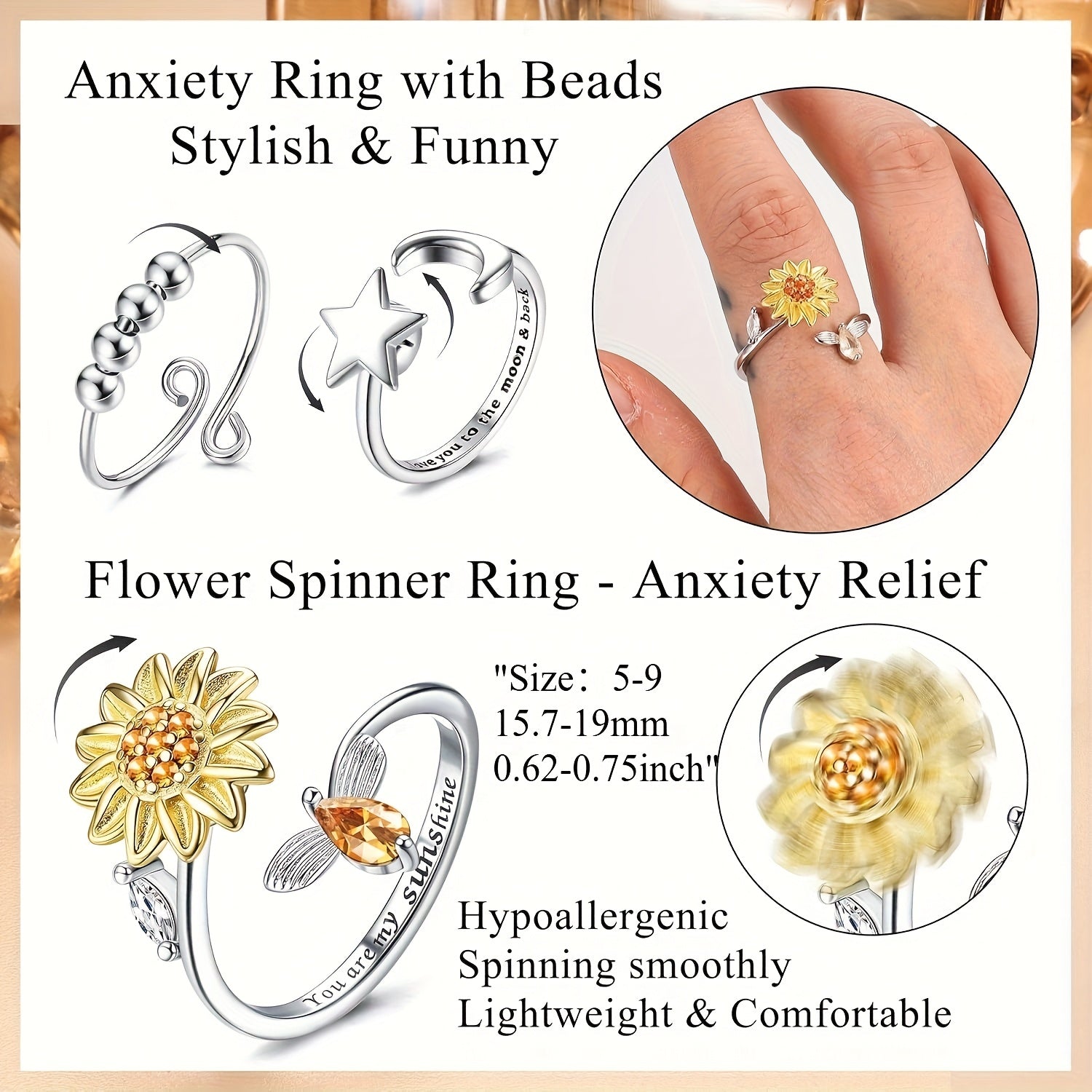 6pcs Anxiety Ring for Teenager Spinner Fidget Ring Sunflower Ring Fidget Rings for Anxiety Adjustable Spinning Beads Flower Ring Teenager Anti Anxiety Relief Stress Figit Stackable Ring Fidget Jewelry, For Teenager
