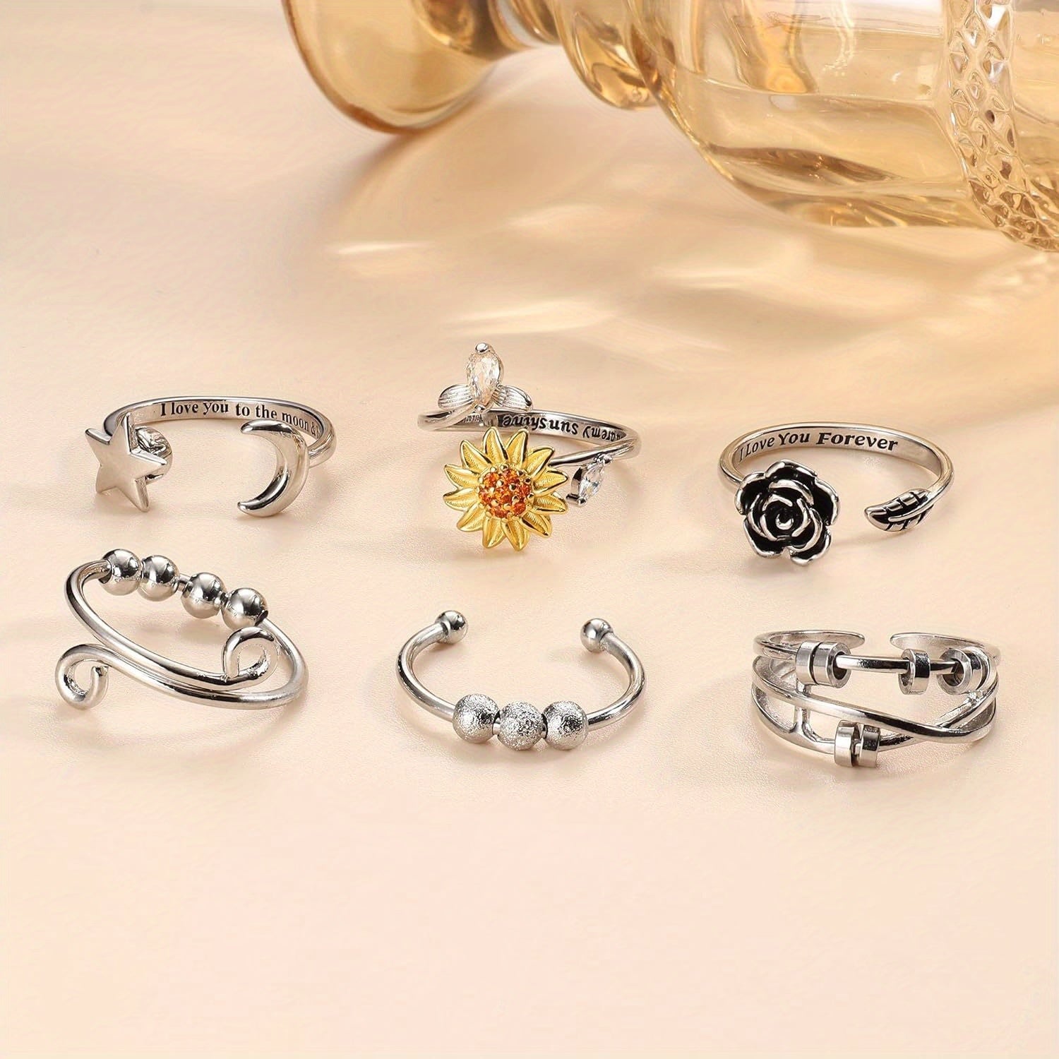 6pcs Anxiety Ring for Teenager Spinner Fidget Ring Sunflower Ring Fidget Rings for Anxiety Adjustable Spinning Beads Flower Ring Teenager Anti Anxiety Relief Stress Figit Stackable Ring Fidget Jewelry, For Teenager