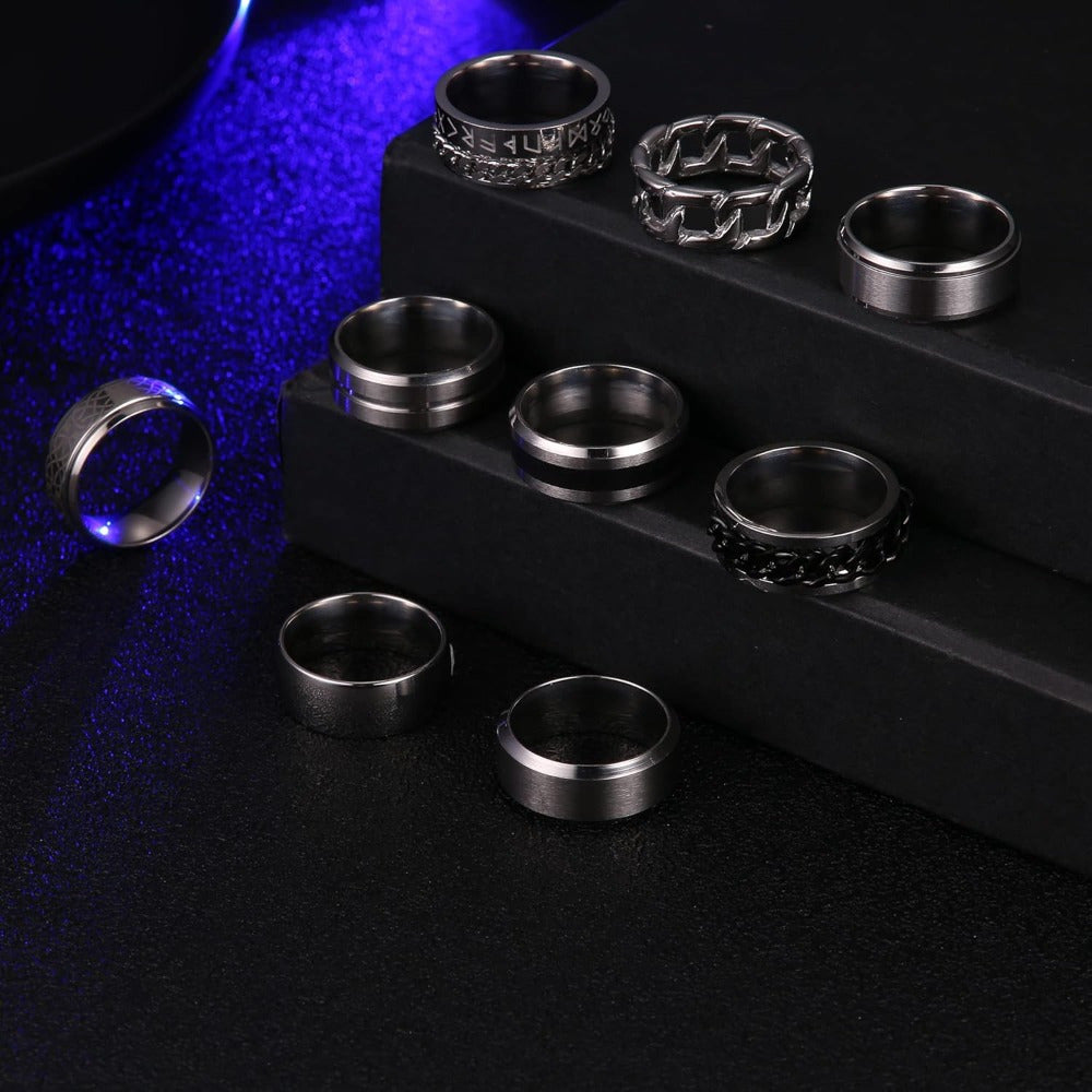 9pcs Revolving Chain Ring Gothic Celtic 316L 316L Stainless Steel Vintage Rock Band Promise Jewelry, For Teenager