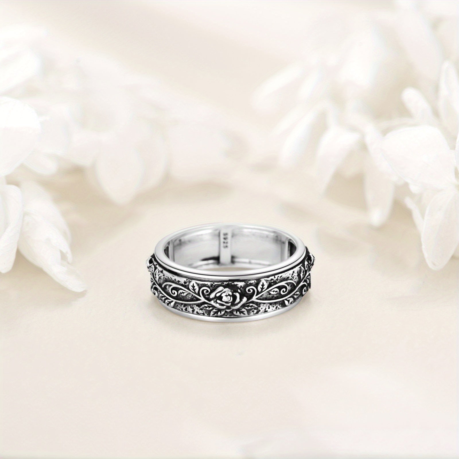 Fashion Rose Spinner Ring 925 Sterling Silvery Vintage Rose Ring Anxiety Jewelry Gift for Women Men