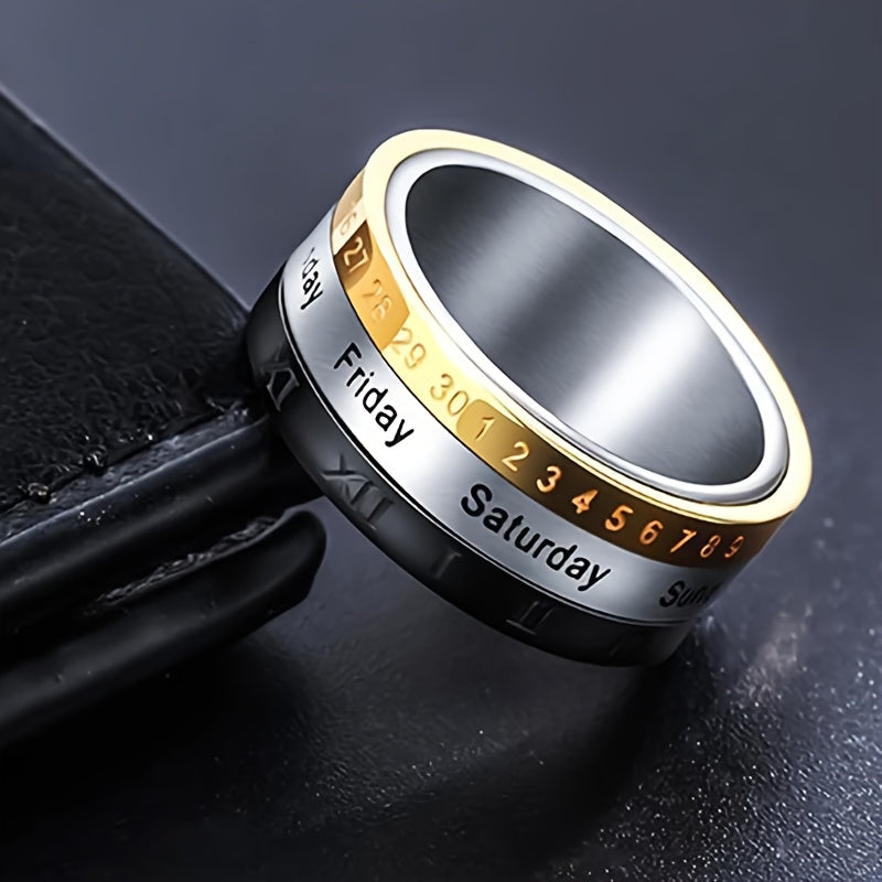 3pcs Punk Spinner Male Date Time Calendar Creative Rotatable Ring with Roman Numerals Men'S Anxiety Fidget Rings, Jewelry Suitable for All Seasons, Daily Unique Gifts, Birthday Anniversaries, Halloween Gifts, Christmas Gifts, Niche and Unique Charm