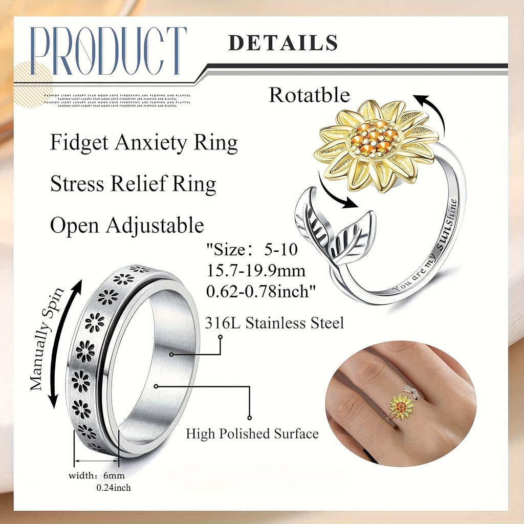 2pcs Fidget Anxiety Ring for Teenager Spinner Sunflower Ring Open Adjustable Fidget Rings for Anxiety Relief Stress Flower Moon Star Stackable Rings Fidget Jewelry Teenager Flower, For Teenager