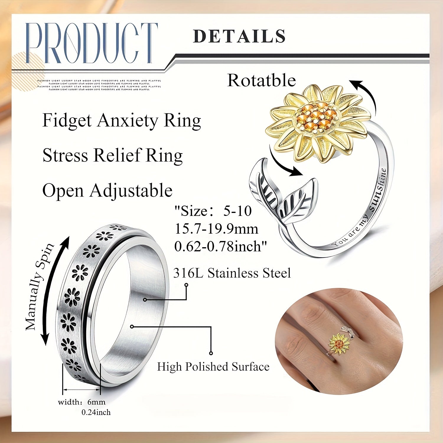 2pcs Fidget Anxiety Ring for Teenager Spinner Sunflower Ring Open Adjustable Fidget Rings for Anxiety Relief Stress Flower Moon Star Stackable Rings Fidget Jewelry Teenager Flower, For Teenager
