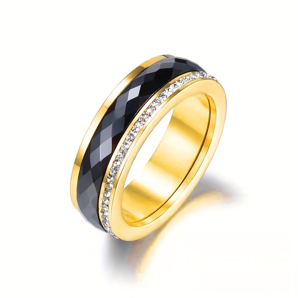 1pc Elegant Black Ceramic 304L Stainless Steel Rotatable Ring with Sparkling Rhinestones - Perfect for Weddings, Anniversaries & Everyday Fashion, Index Finger Jewelry|Twist Ring Design|Polished Finis
